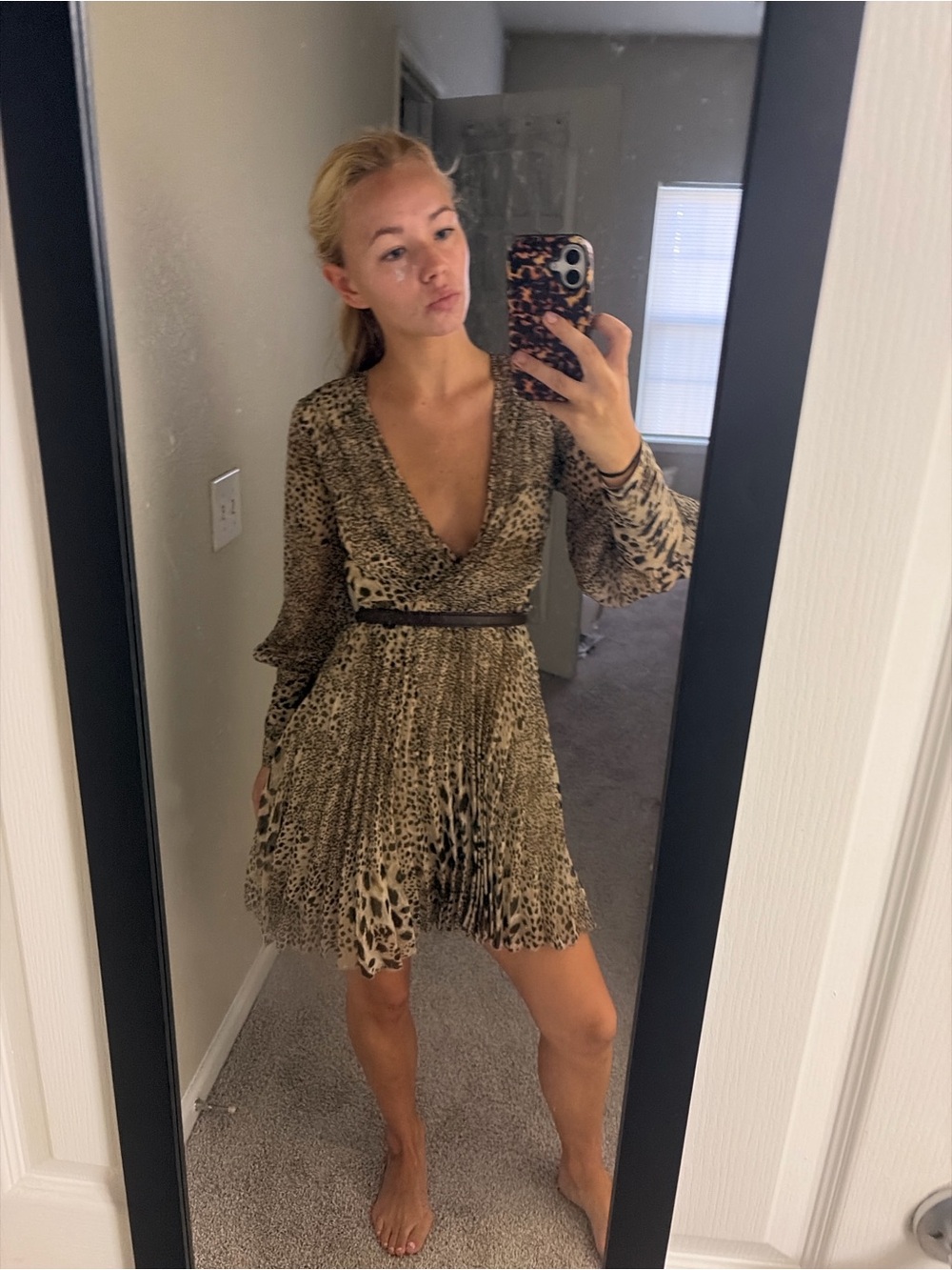 ASOS Leopard Print Plunging V-Neck Mini Dress in Taupe